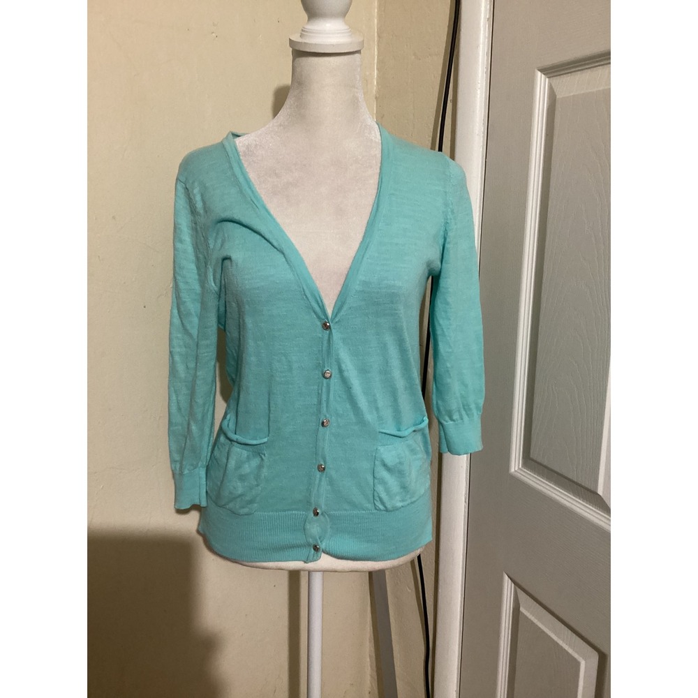 Teaspoon Women's Aqua Blue Cotton 3/4 Sleeve Cardigan Sweater Pockets Size L